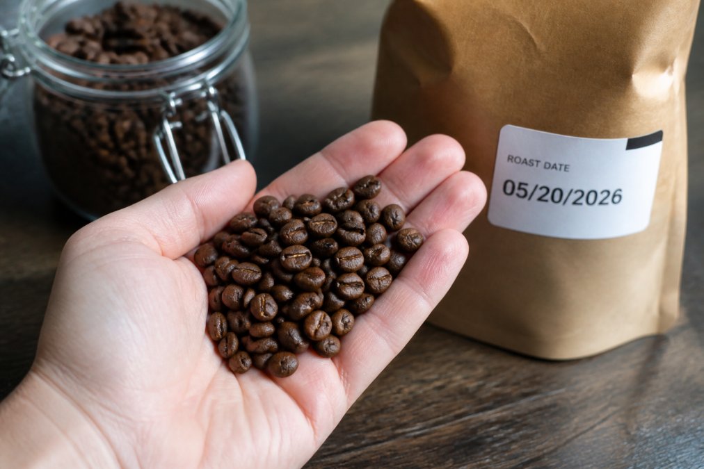 Close-up of specialty coffee beans in someone's hand showing uniform color and density, with a roast date label visible on a coffee bag in the background