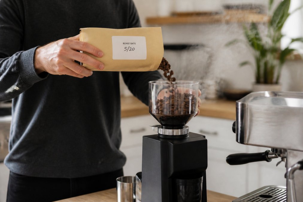 Person pouring freshly roasted specialty coffee beans into a grinder in a bright kitchen with steam rising, and a roast date label visible on the bag