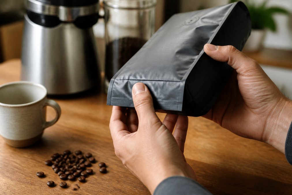 Close-up of hands turning over a coffee bag to read the roast date stamp, with a few whole roasted beans resting on a wooden counter beside a ceramic mug