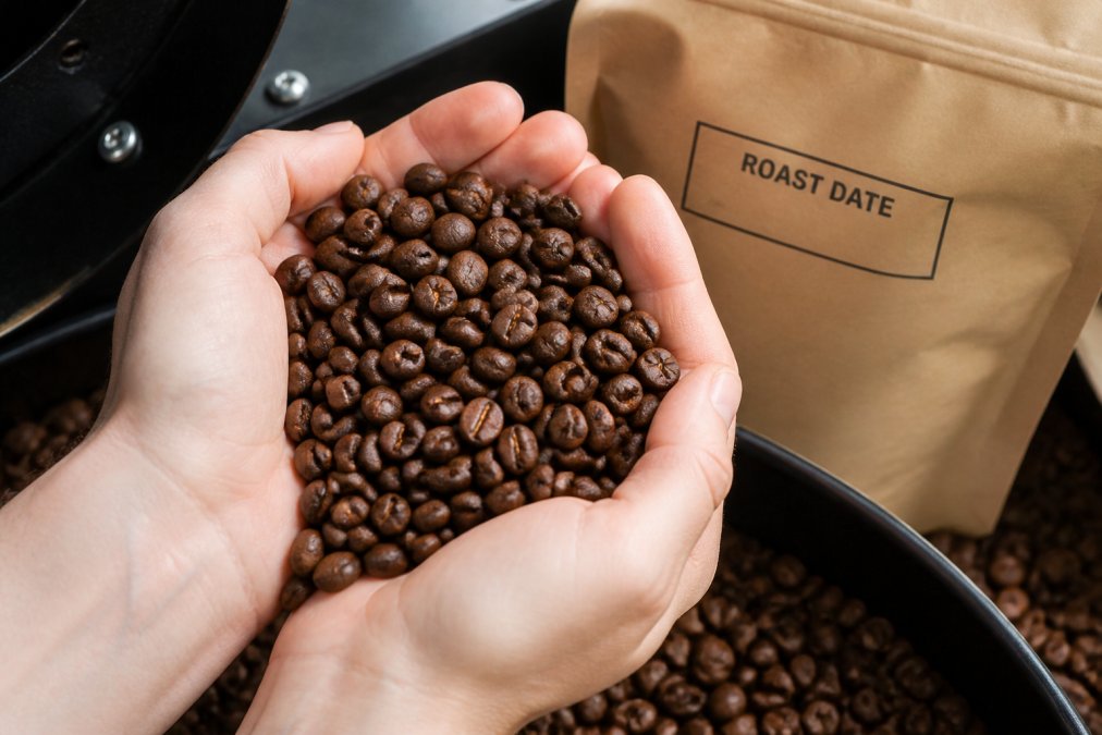 Close-up of freshly roasted coffee beans being held in hands, showing glossy surface and rich brown color, with a roast date label visible on a kraft paper bag in the background