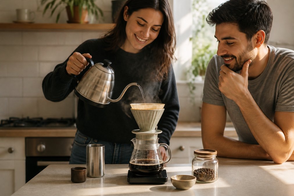 Person pouring hot water from a gooseneck kettle over specialty coffee grounds in a ceramic pour-over dripper, with steam rising and morning light on the counter