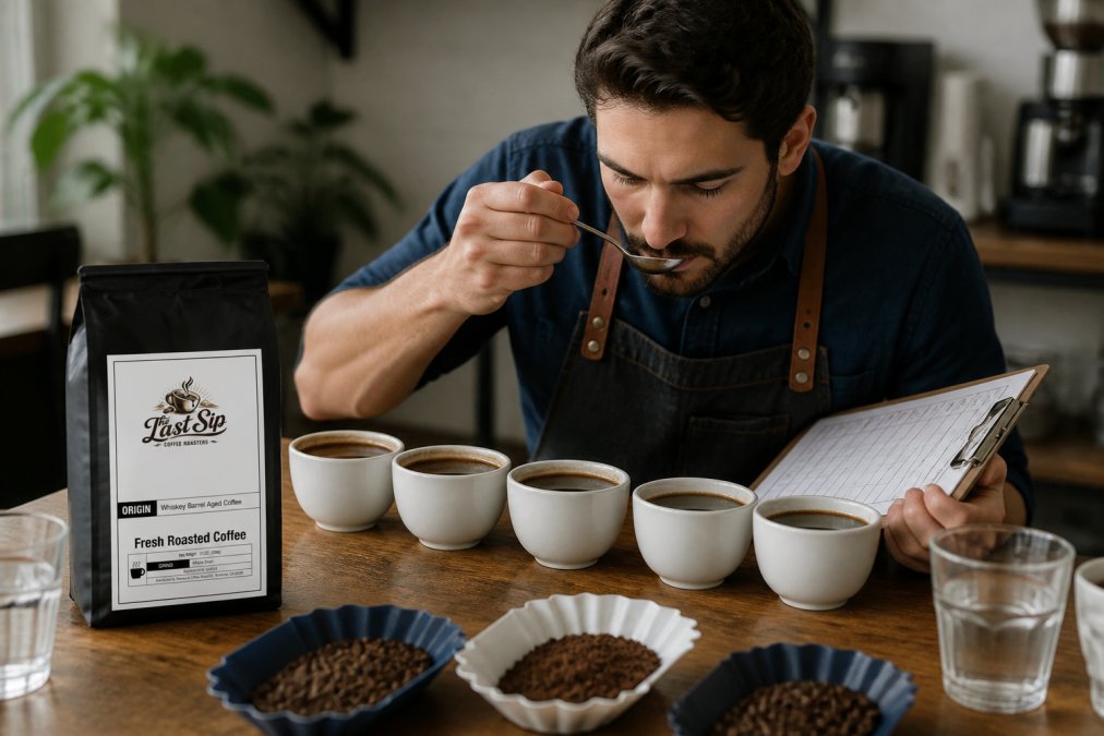 Professional coffee taster evaluating specialty beans in a cupping session, examining aroma and flavor notes with tasting spoon and evaluation scoresheet visible on wooden table in bright natural light