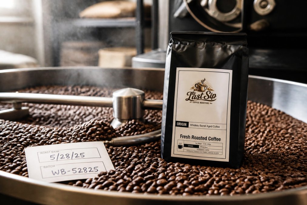 Freshly roasted specialty coffee beans cooling on a metal roasting table with visible roast date label and batch information card, steam rising gently in warm workshop lighting