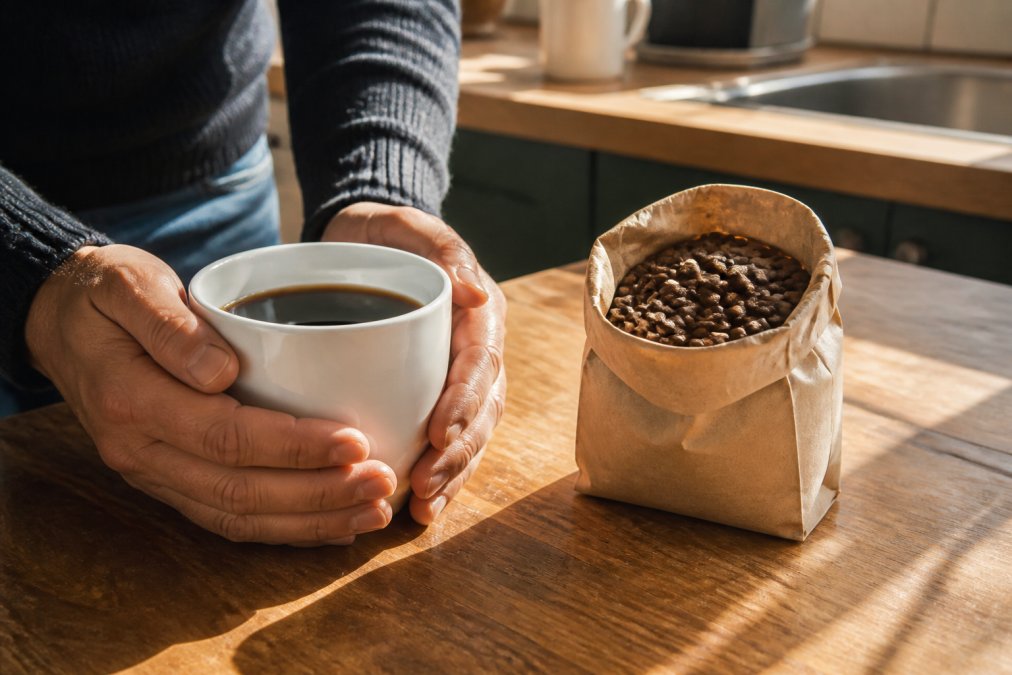 A person's hands holding a freshly brewed cup of black coffee next to a small paper bag of whole coffee beans on a wooden kitchen counter, soft natural window light