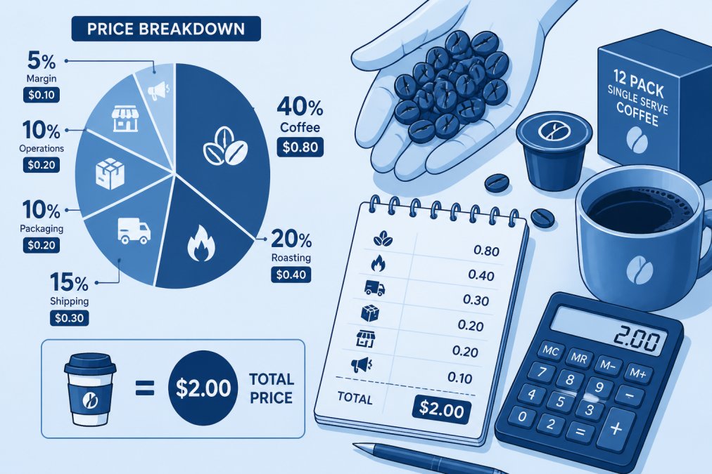 Close-up of specialty coffee beans in a hand next to a price tag or calculator, with a coffee cup and notebook showing cost calculations on a wooden surface with warm morning light