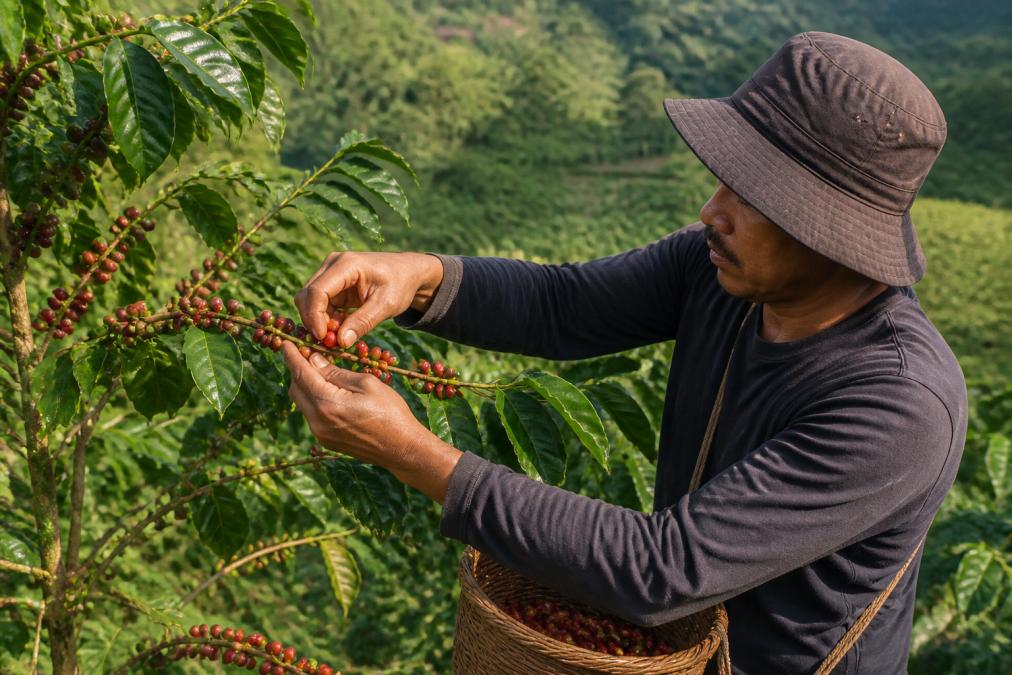 Close-up of a farm worker carefully hand-picking ripe red coffee cherries from a leafy coffee plant on a hillside farm, with warm natural sunlight filtering through the trees