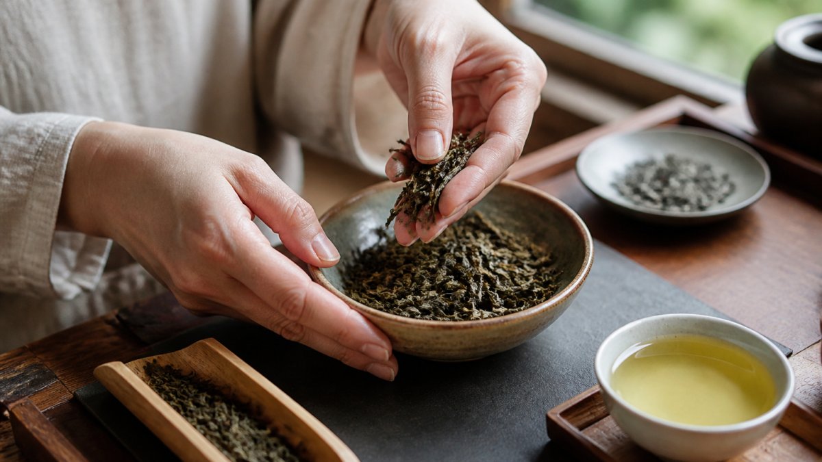 Hands examining loose tea leaves in a ceramic bowl with a wooden scoop and a cup of brewed tea nearby.