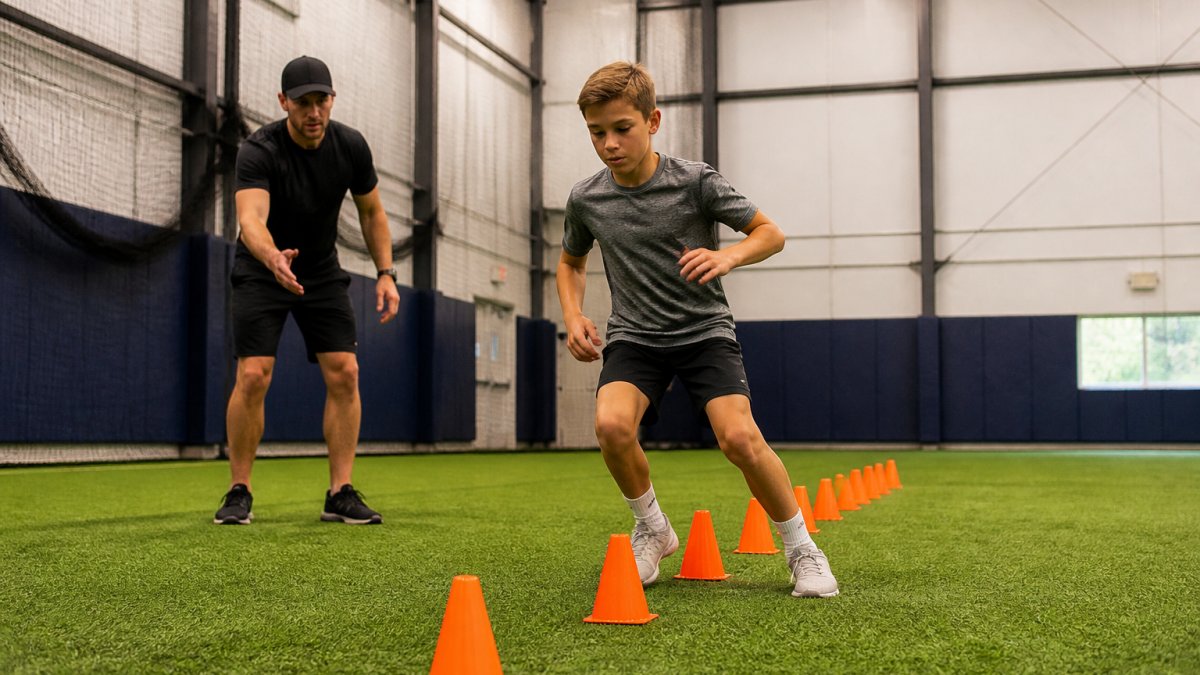 Young athlete weaving through cones during agility training as a coach provides guidance on an indoor turf field.