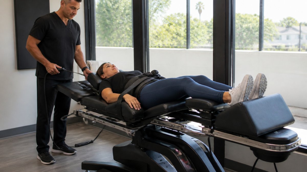 Diagram illustrating the spinal decompression process on a patient lying on a specialized clinical table