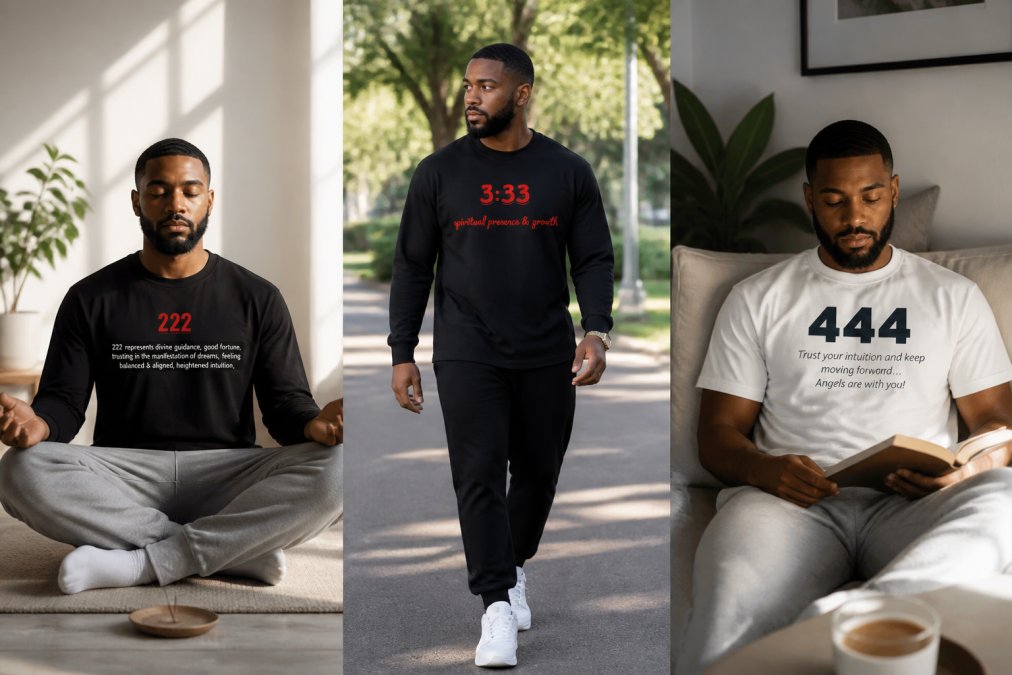 Person wearing spiritual streetwear across multiple everyday settings including meditation practice, casual outdoor walk, and relaxed home environment, showing versatility and repeated wearability