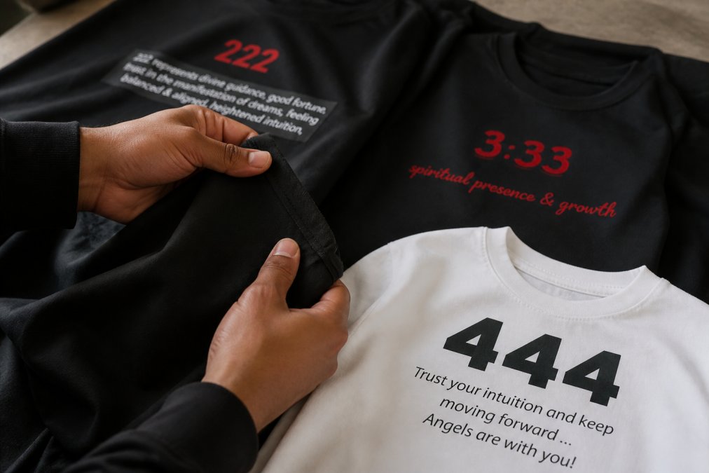 Close-up of hands carefully examining fabric texture, print quality, and stitching details on a premium spiritual apparel piece, showing attention to craftsmanship and material integrity