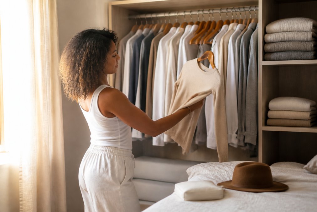 Person standing in front of an organized wardrobe with natural morning light streaming through a window, thoughtfully selecting a spiritual apparel piece from neatly arranged clothing