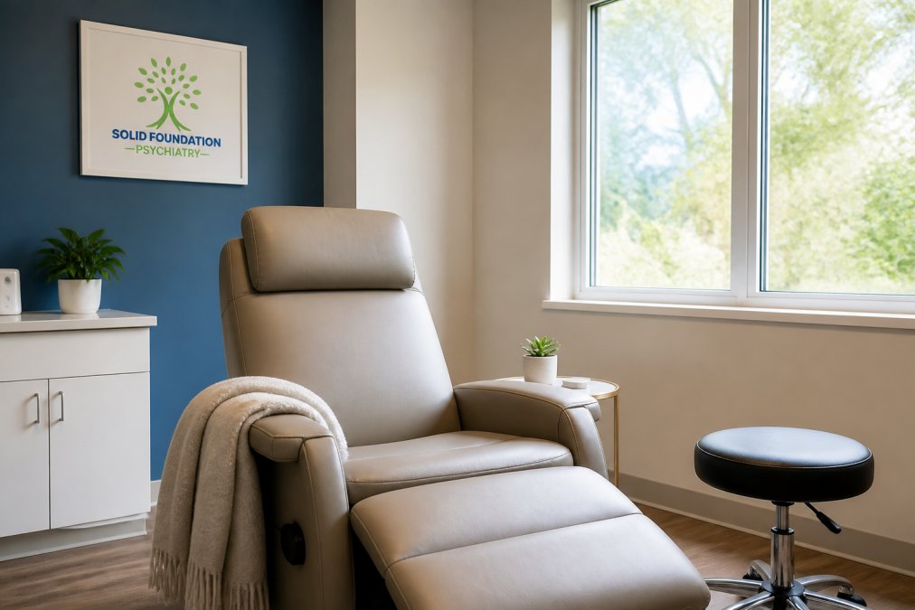A calm, private consultation room with a comfortable reclining chair, soft natural light through a window, and a clinician's stool nearby, suggesting a monitored treatment space without showing any identifiable patient