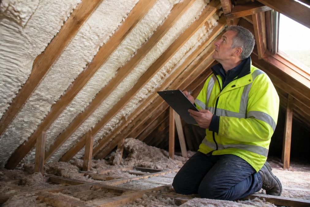 Professional surveyor in high-visibility clothing carefully examining spray foam insulation in a residential loft space, holding clipboard and inspection notes, with natural light from roof windows