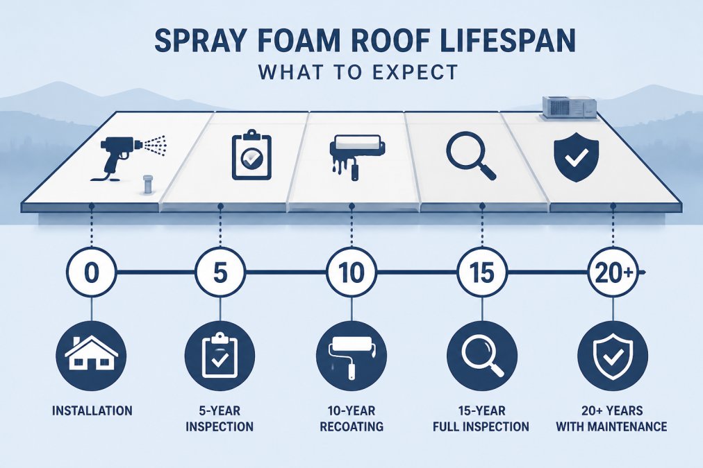 Timeline of spray foam roofing maintenance milestones from initial installation through twenty years of service.