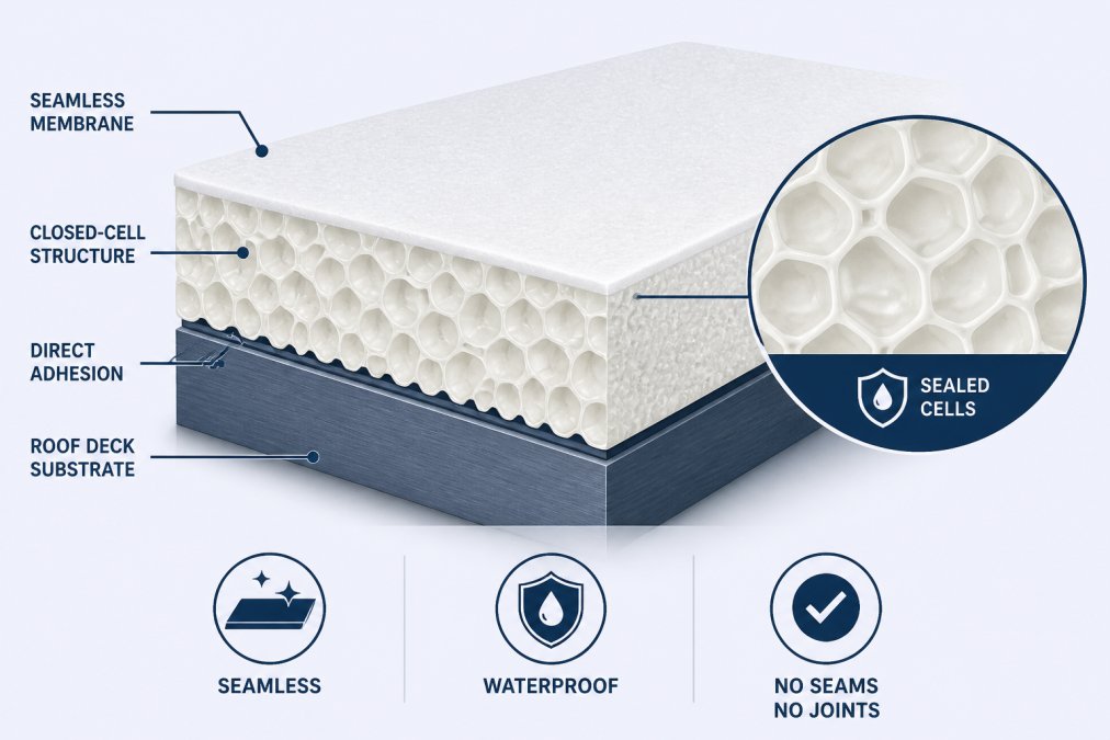 Cross-section diagram of closed-cell spray polyurethane foam showing sealed cellular structure, direct substrate adhesion to roof deck, and seamless membrane formation with no visible seams or joints