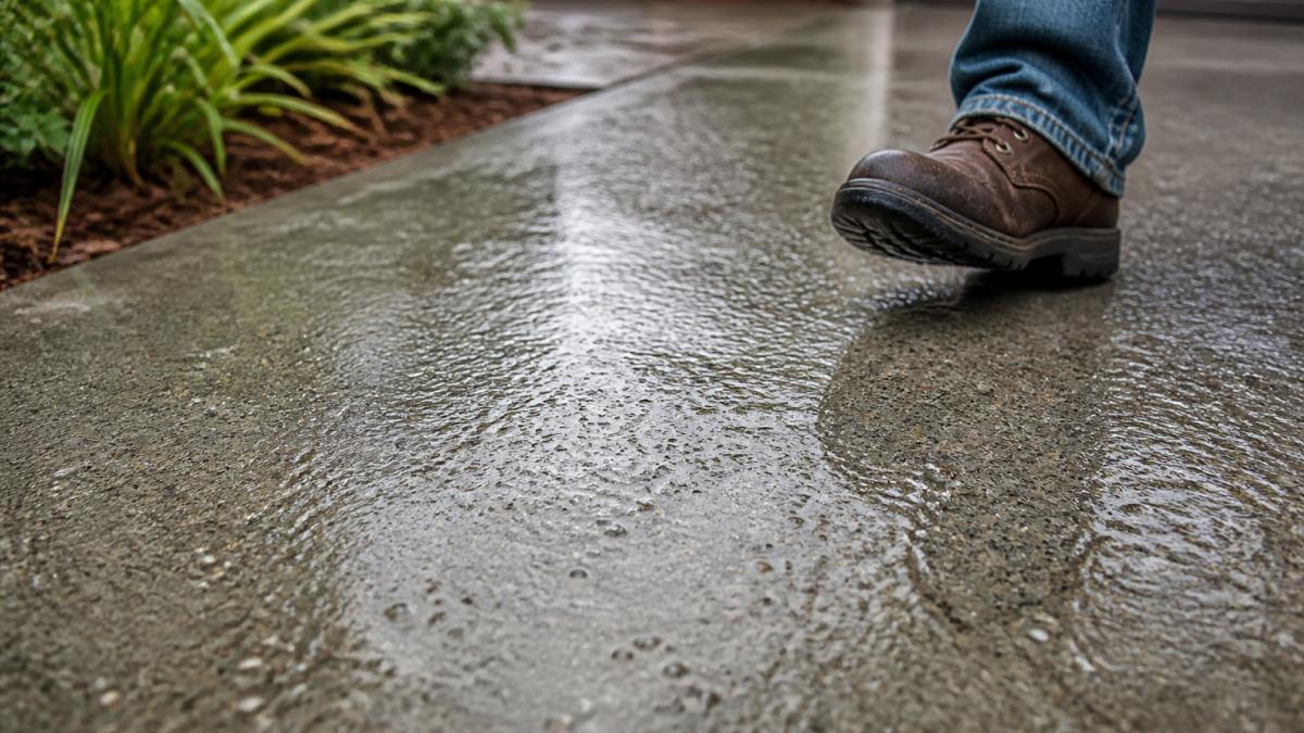 Infographic diagram illustrating why spray-on concrete slippery surfaces form when water beads on a glossy finish.