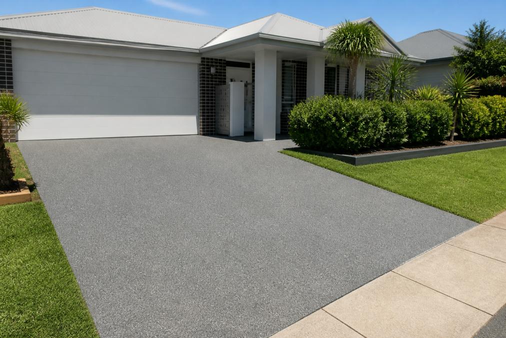 A freshly resurfaced residential driveway with a decorative spraycrete finish in a warm grey tone, showing clean edges, a non-skid texture, and a well-presented front yard in bright natural light