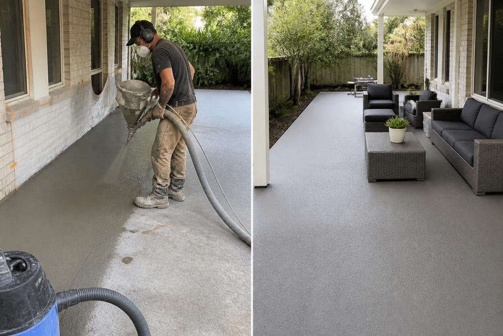 A professional concrete resurfacing tradesperson in work gear using a hopper spray gun to apply a cementitious coating over an existing concrete slab on a residential patio, with surface preparation equipment visible nearby