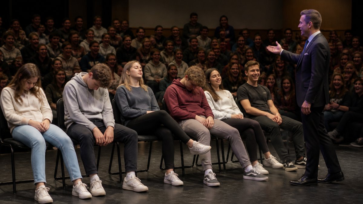 A stage hypnotist performing a safe stage hypnosis show for smiling high school volunteers on an auditorium stage.