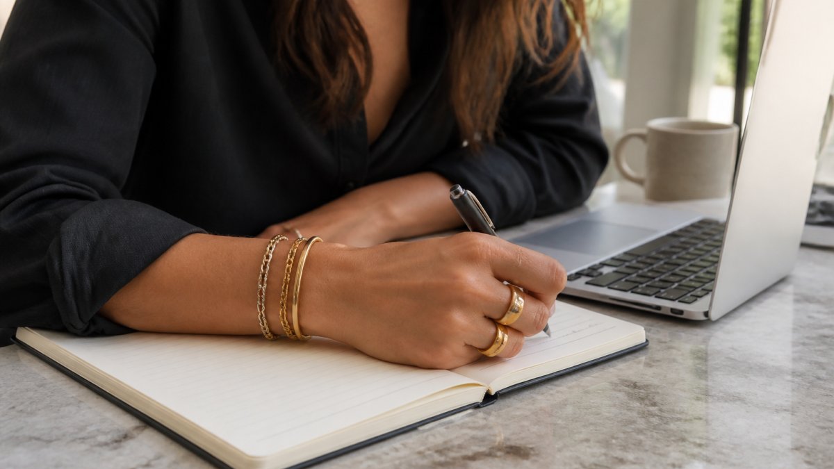 A person wearing a stack of gold and silver bracelets and rings on a wrist against a neutral background