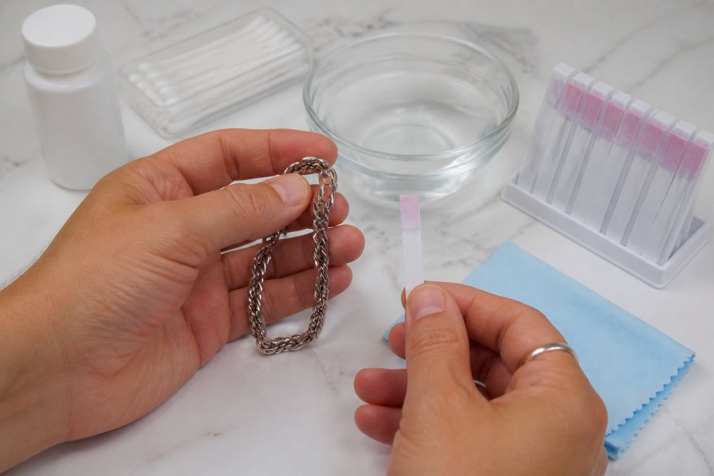 Hands holding a piece of stainless steel jewelry next to a dimethylglyoxime test strip or similar testing material on a clean surface