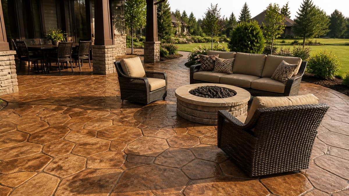 Finished stamped concrete patio with decorative stone pattern and warm amber tones, showing comfortable outdoor furniture arrangement and landscaping integration in afternoon sunlight