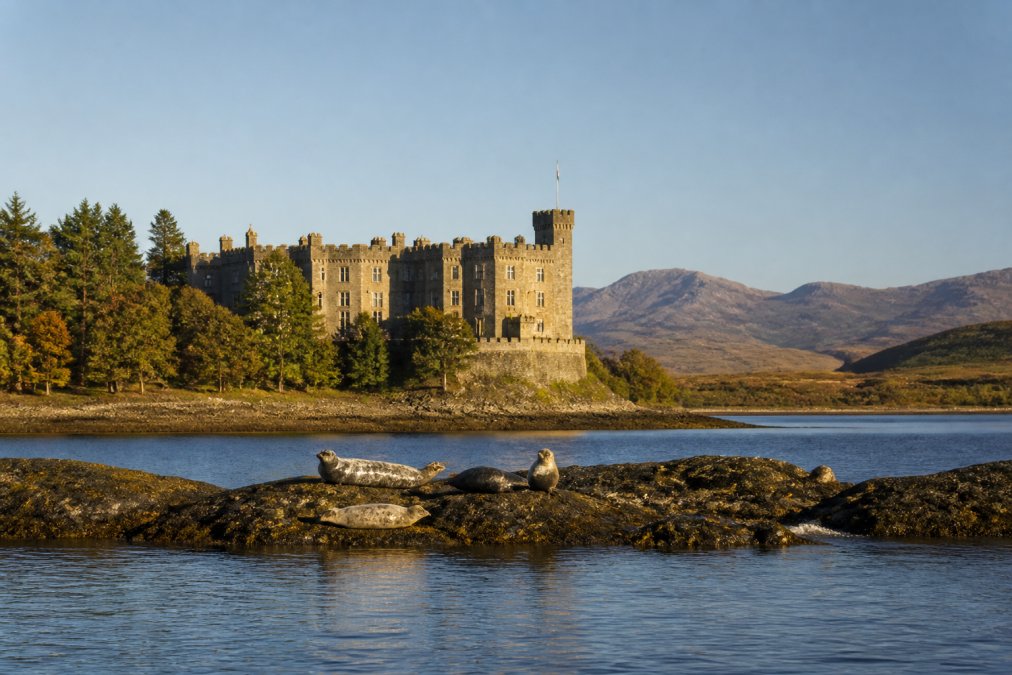 Dunvegan Castle viewed from the water during a clear morning with seals resting on nearby rocks, sunlight reflecting off the loch, mountains visible in the background