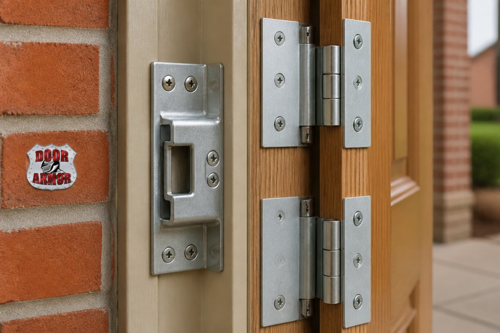 Close-up of reinforced door frame showing strike plate shield, hinge reinforcement plates, and galvanized steel components installed on an exterior wooden door frame