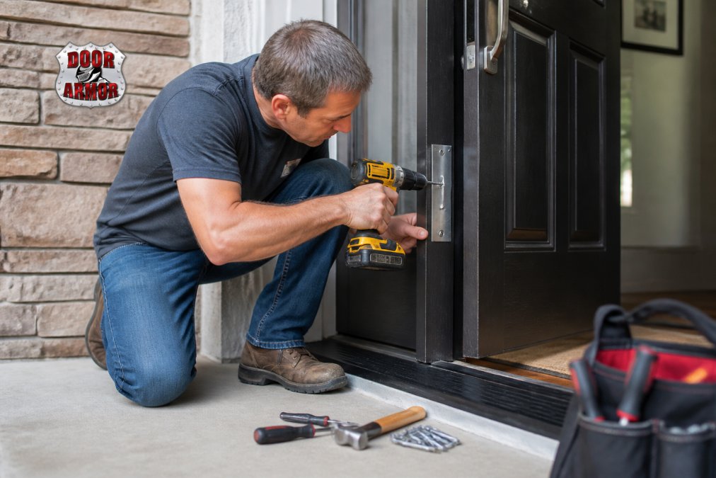 Homeowner installing door security hardware on an exterior door, positioning a strike plate shield with a power drill, with installation tools and hardware visible on the ground nearby