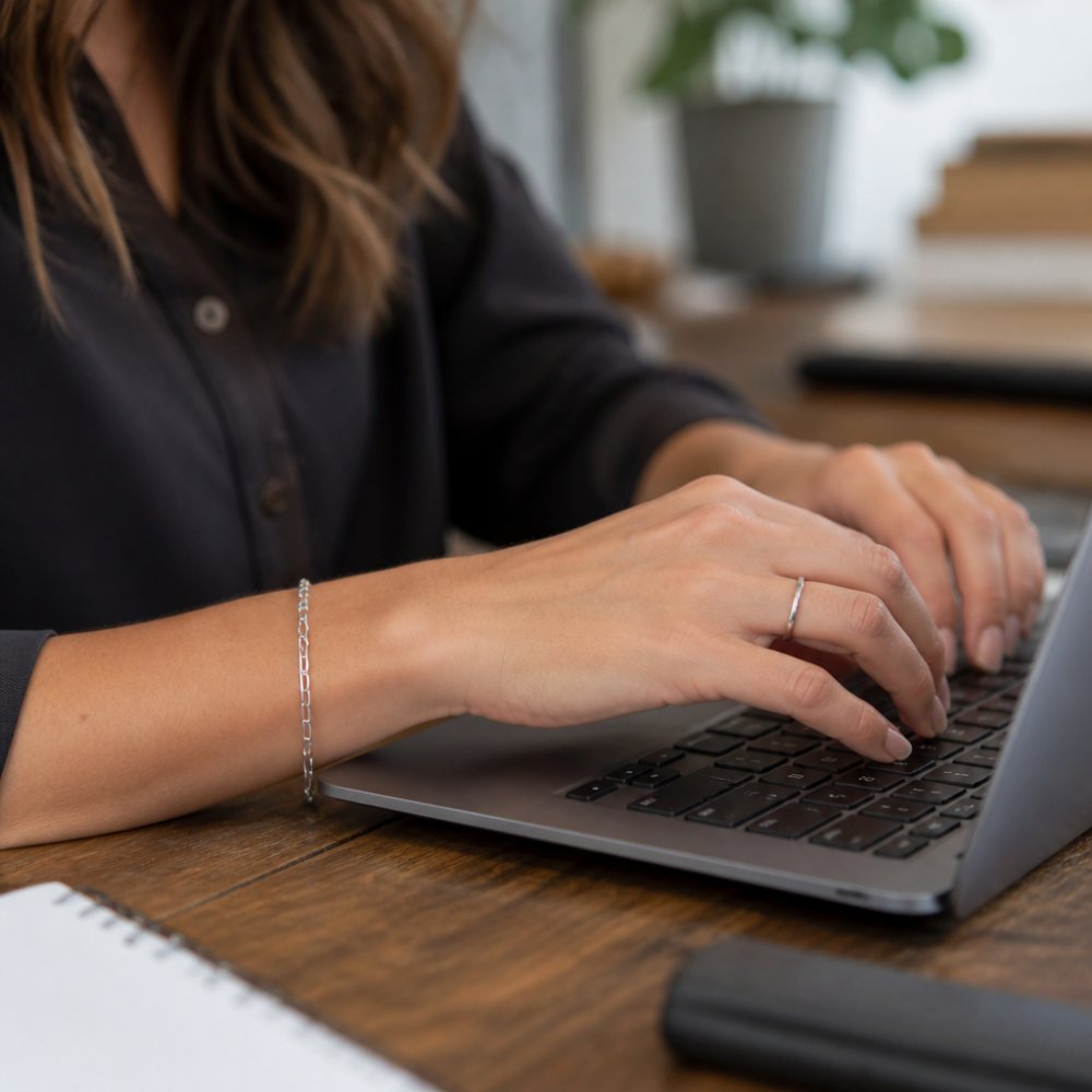 Close-up of a woman's hands typing at a desk, wearing a thin sterling silver paperclip chain bracelet and a simple silver ring, natural office lighting, shallow depth of field
