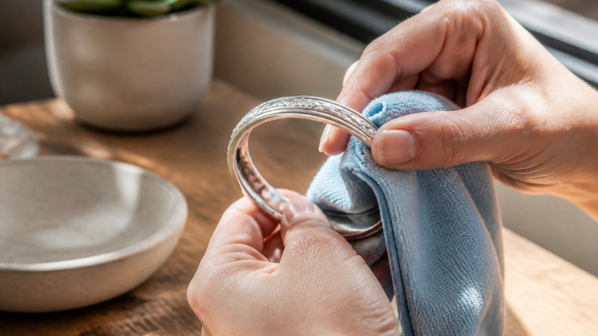 Close-up of hands gently polishing a sterling silver bracelet with a soft microfiber cloth, showing careful circular motions over the metal surface in natural window lighting