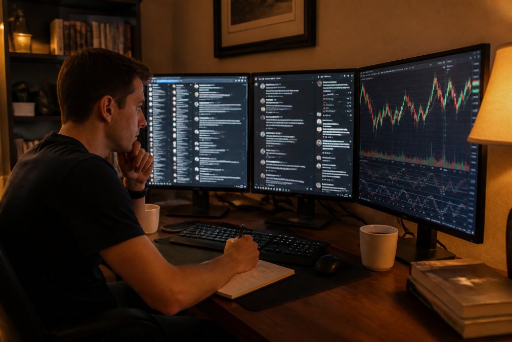 A retail trader at a home desk with multiple monitors showing social media feeds and stock charts, taking notes in a notebook, warm evening lamp light