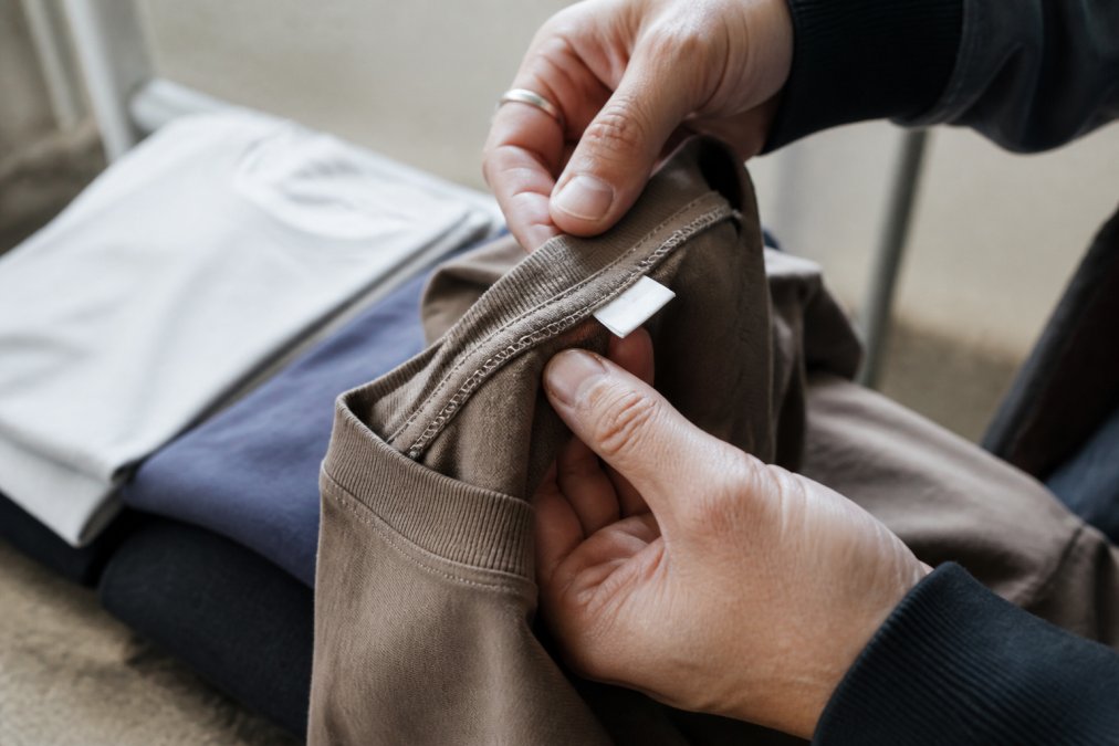 Close-up van handen die het label en de naadwerk van een premium streetwear T-shirt onderzoeken, met natuurlijk licht