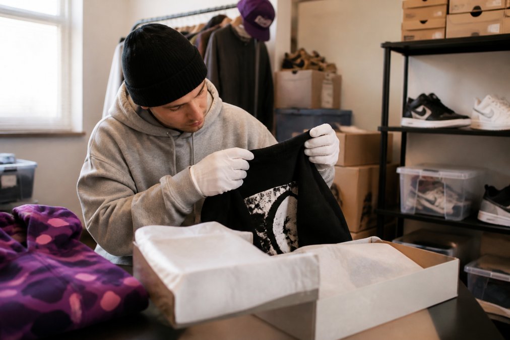 Verzamelaar die voorzichtig een limited edition streetwear item inspecteert in een thuisomgeving met goede verlichting
