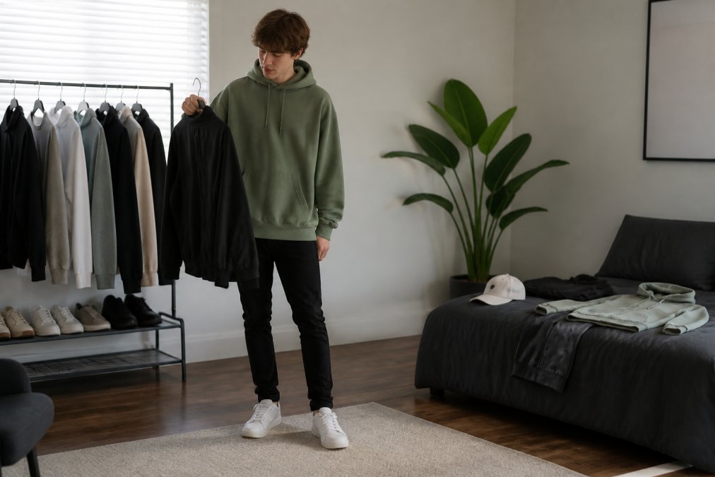 Young person styling multiple streetwear pieces together, oversized pigment-dyed hoodie in muted green, fitted black pants, and minimal accessories, showing how versatile basics mix across different outfits in natural indoor lighting