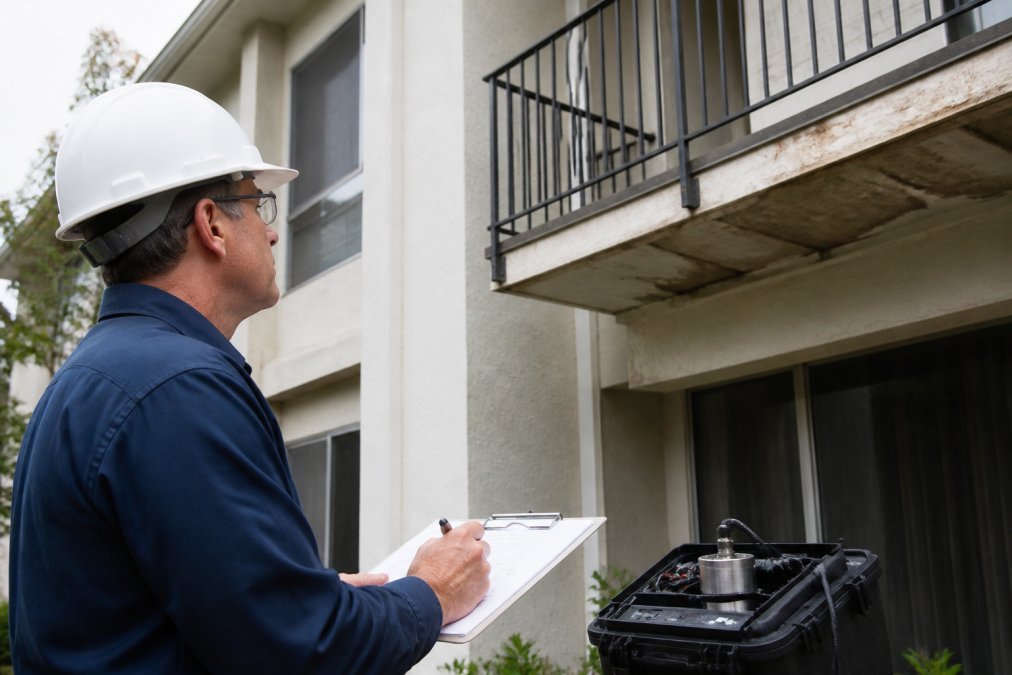 Licensed structural engineer conducting hands-on balcony inspection using specialized testing equipment and taking detailed notes on clipboard in residential building