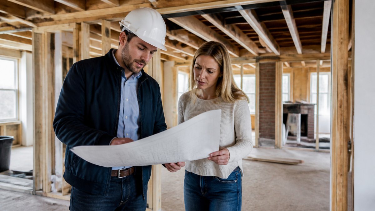 A structural engineer in a hard hat reviewing blueprints with a homeowner inside a home under renovation, exposed ceiling joists visible in the background