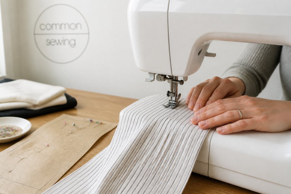 Flowchart illustrating the process of structured sewing training for beginners using fabric and machine tools.