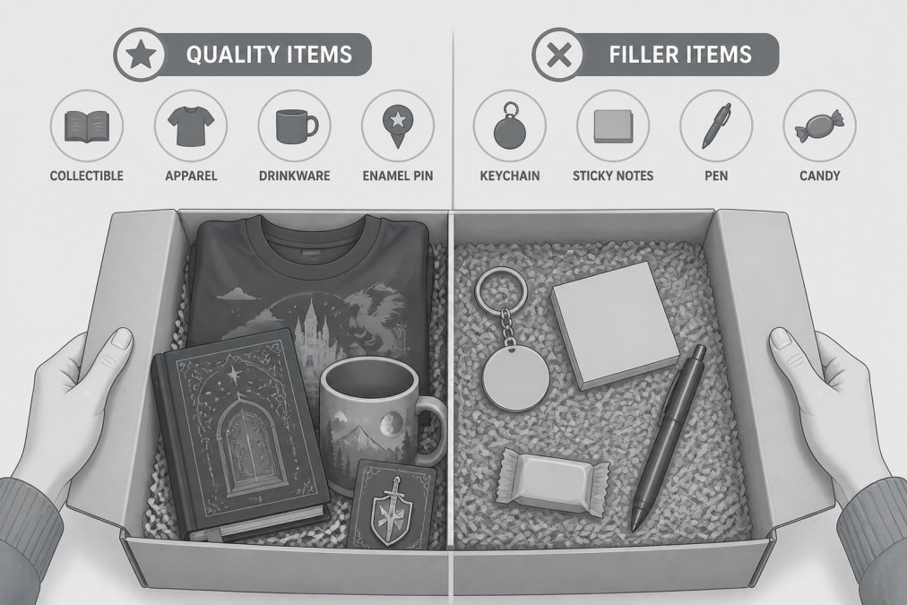 Close-up of hands opening a subscription box with various items visible, showing both quality products and generic filler items side by side
