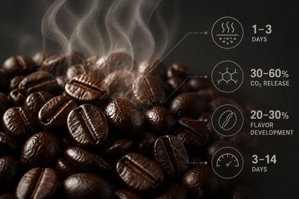 Close-up of freshly roasted coffee beans with visible steam rising and light glistening off the dark, glossy bean surface, showing individual bean texture and rich chocolate-brown color in natural light