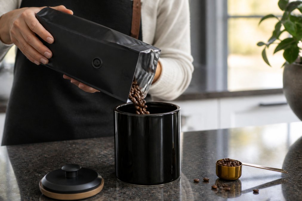 Hands carefully opening a vacuum-sealed coffee bag with visible one-way valve, pouring beans into a dark ceramic airtight canister in a cool kitchen with soft natural light