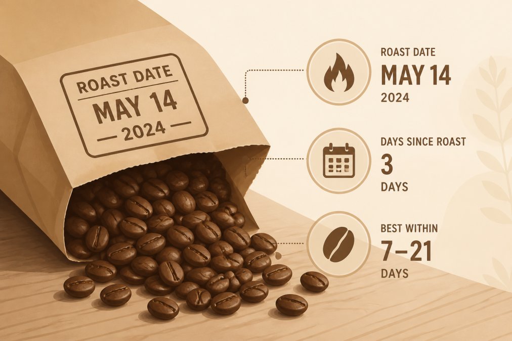 Close-up of freshly roasted whole coffee beans spilling from a kraft paper bag onto a wooden table, with a visible roast date stamp on the bag