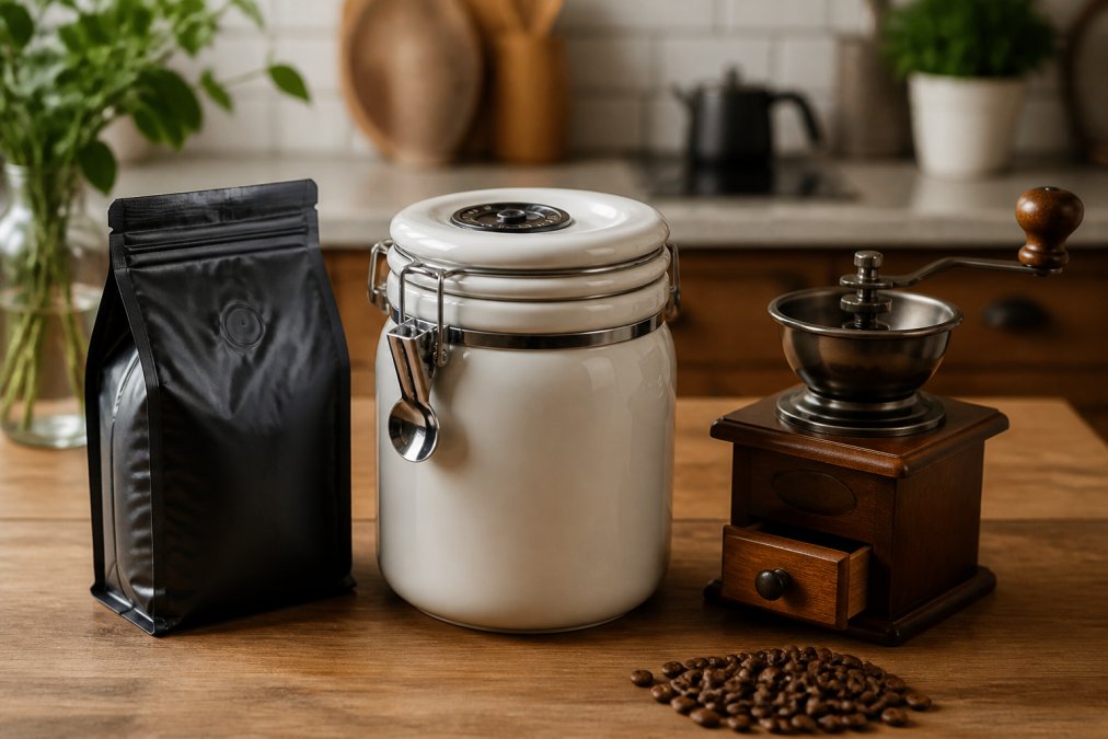 An airtight ceramic coffee canister with a one-way valve lid sitting on a kitchen counter next to a bag of whole bean coffee and a hand grinder, in warm natural kitchen lighting