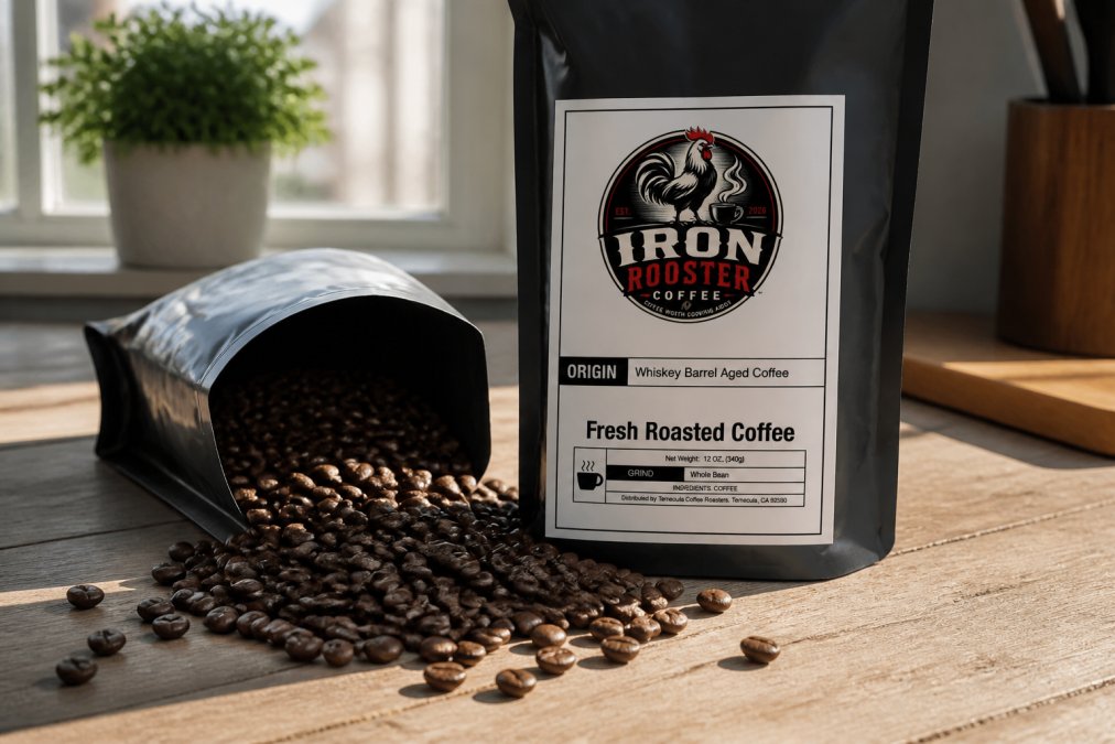 Close-up of a coffee bag label displaying the roast date in bold text, with whole beans spilling out onto a light wooden surface, natural morning light illuminating the details