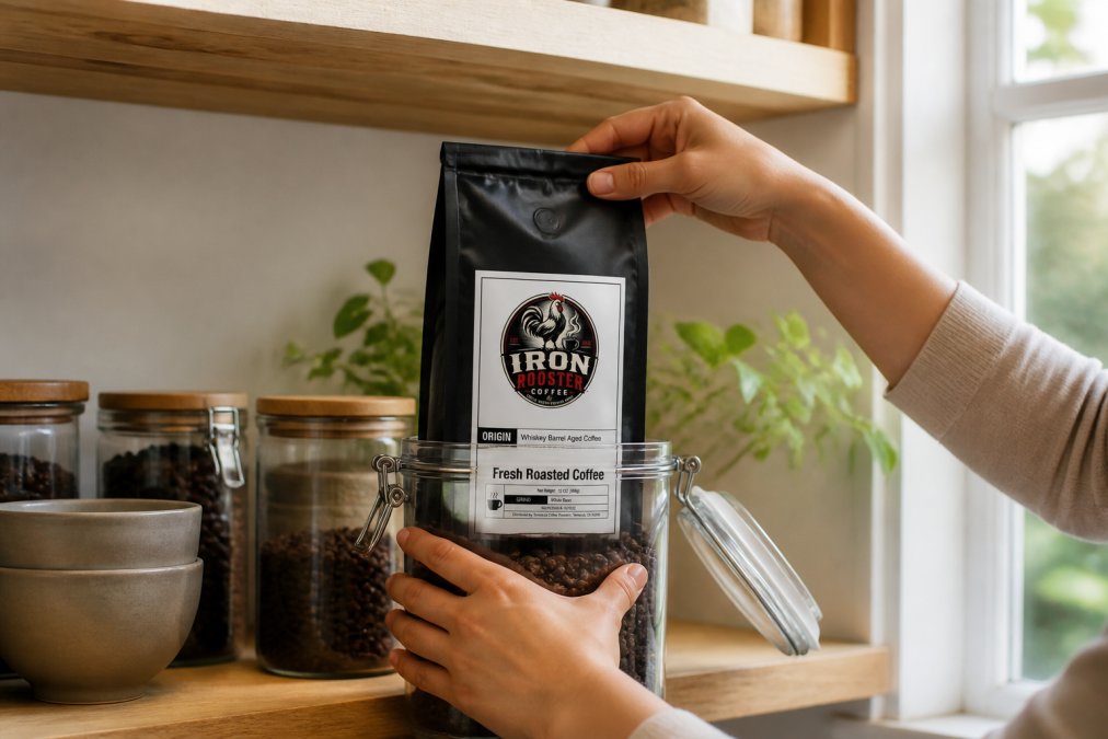 Hands carefully placing a sealed coffee bag into an airtight glass container on a pantry shelf, with soft natural light from a window illuminating the scene, other pantry items visible in the background