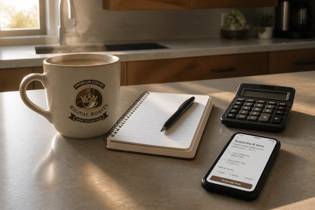 A kitchen counter with a notebook, pen, and calculator next to a steaming mug of coffee and a smartphone showing a subscription order screen, morning light through a window