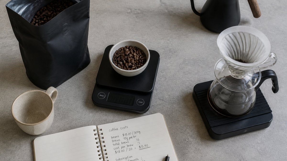 Overhead view of coffee brewing gear and a notebook calculating the cost breakdown of daily home brewing.