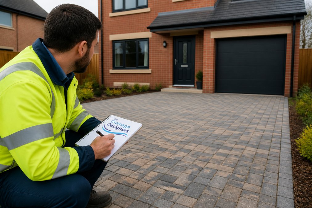 A drainage engineer in high-visibility clothing inspecting a permeable paving driveway on a residential property, with a notebook in hand and a newly built house in the background