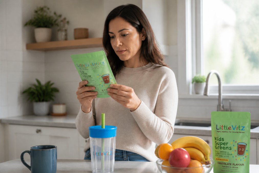Parent reading ingredient label on a chocolate powder container, holding it up to examine closely in natural light, standing in a bright kitchen